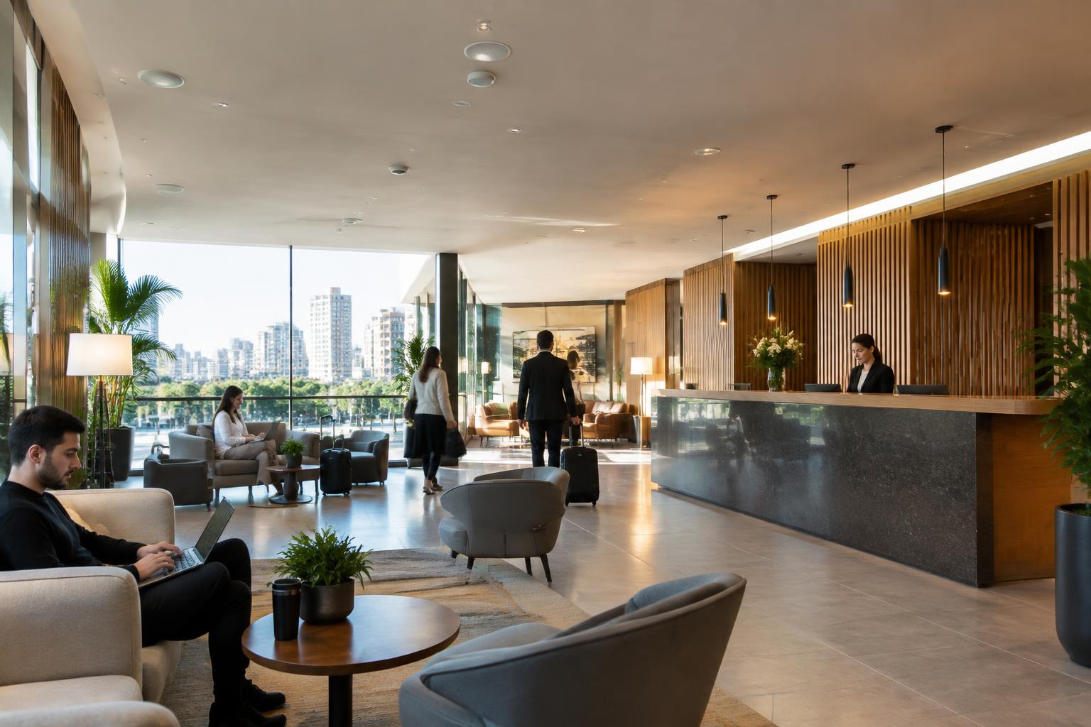 Lobby de hotel com hóspedes, recepção e espaço de trabalho