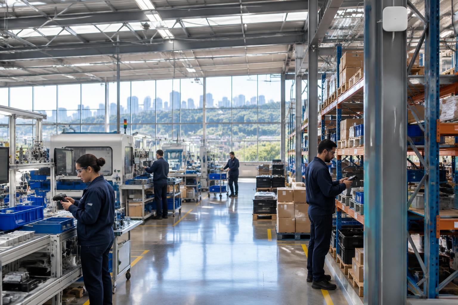Ambiente industrial com operadores e infraestrutura de rede sem fio