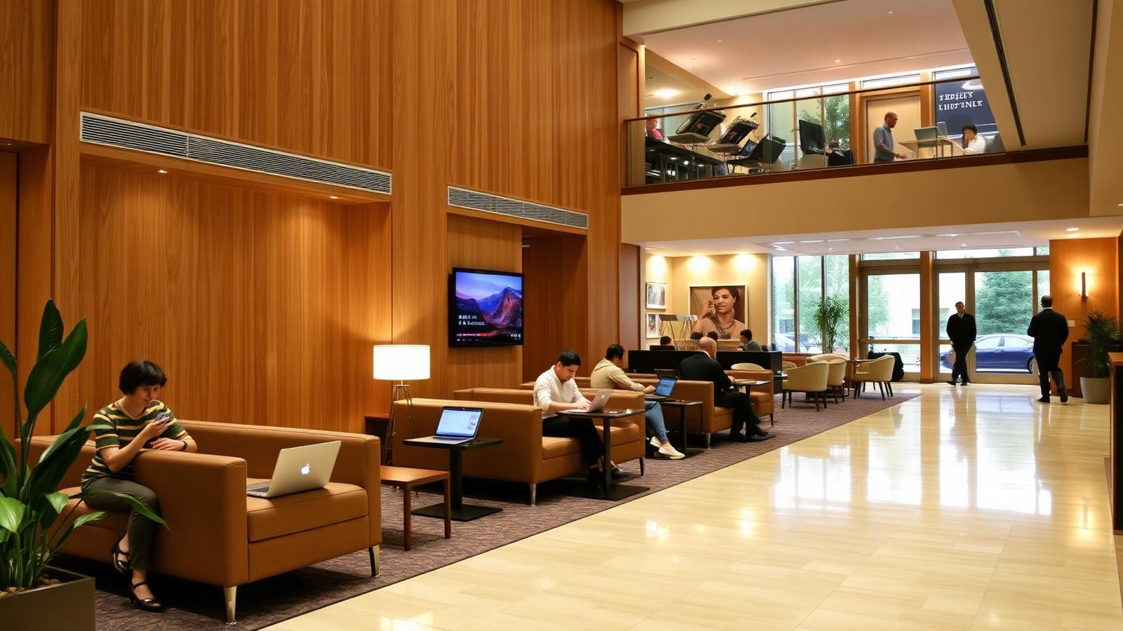 Lobby de hotel com pessoas usando notebooks e celulares conectados ao Wi-Fi