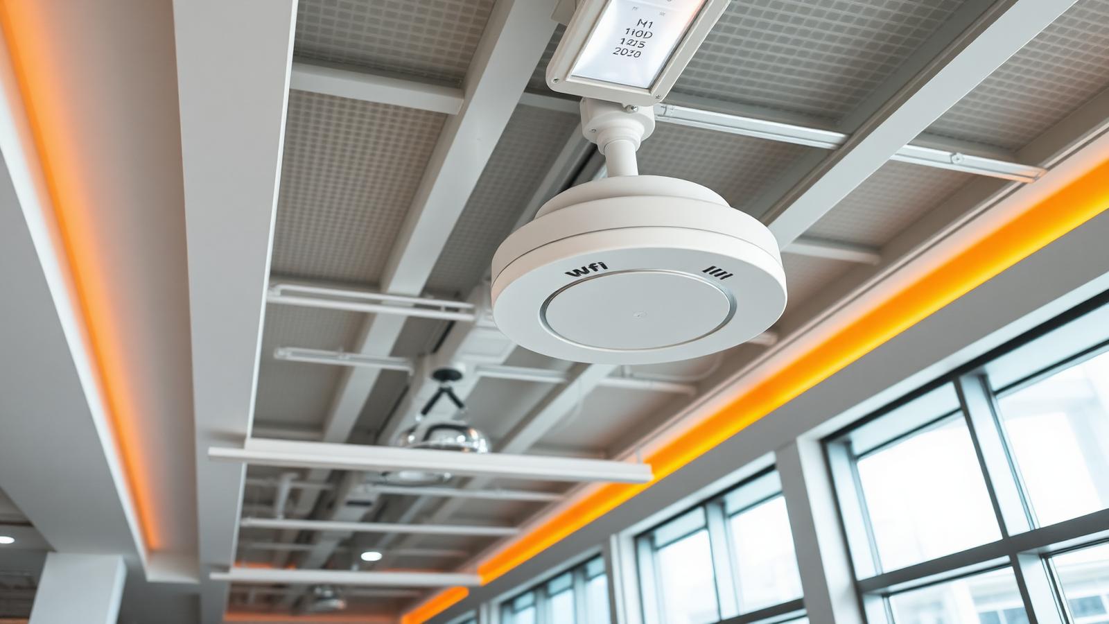 Access point Wi-Fi corporativo instalado no teto de um escritório moderno