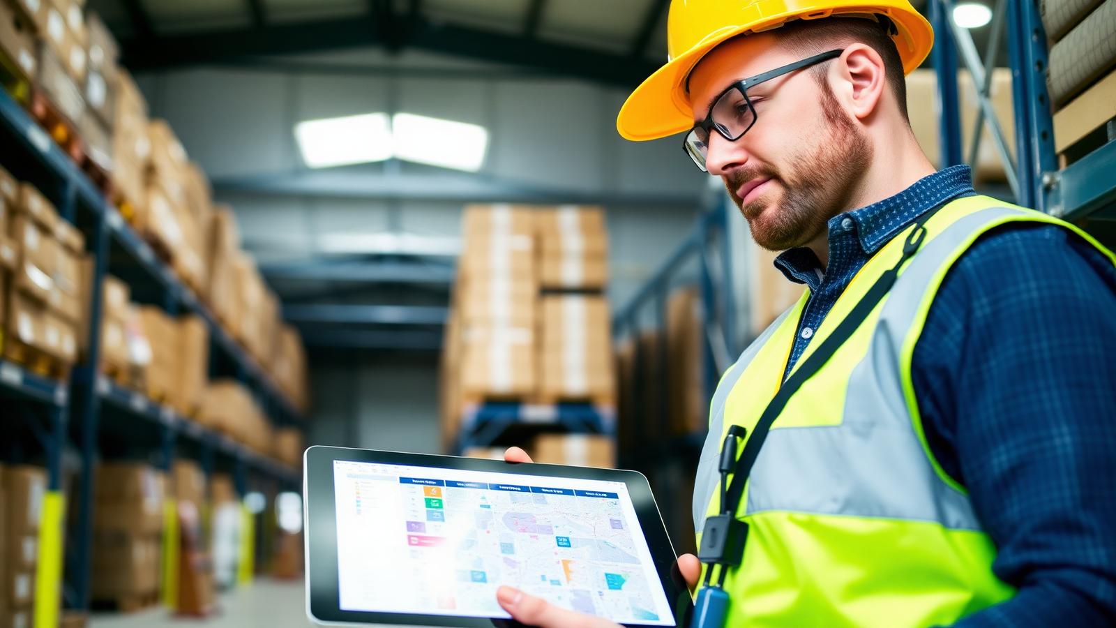 Engenheiro realizando site survey de Wi-Fi em galpão logístico com tablet e mapa de calor
